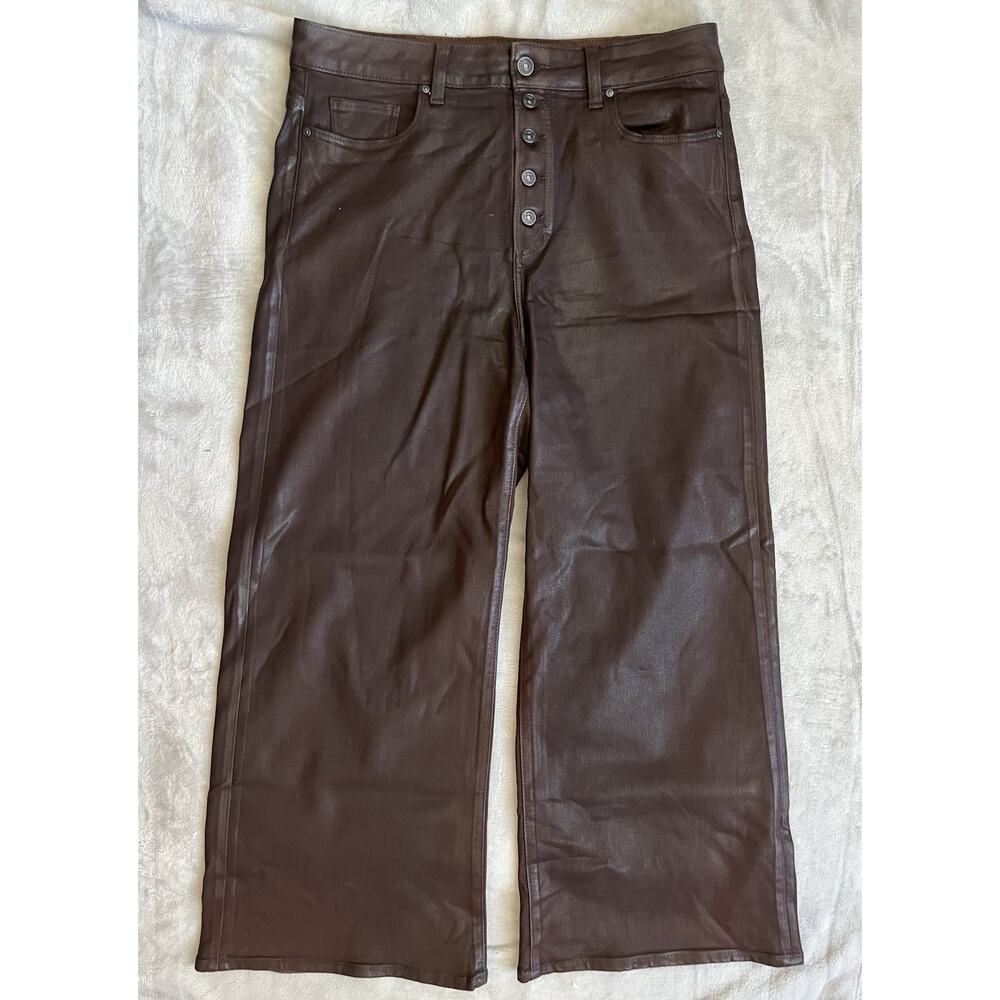 PAIGE Anessa Wide Leg Sz 31 Waxed Jeans High Waisted Chicory Coffee Luxe Coated